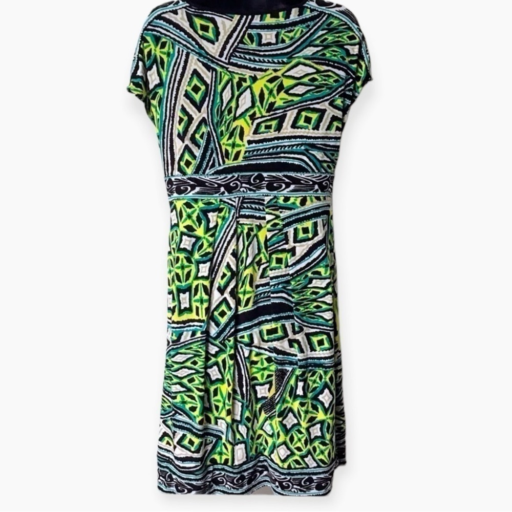 Madison Womens S Dress Geometric Print V Neck Cap Sleeve Button Accents Green - Picture 2 of 9
